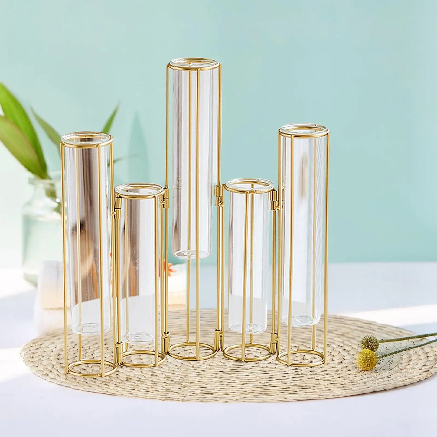 Hinged Flower Vase Test Tube Vase with Metal Stand Rack Terrarium Vase Glass Vase for Wedding Desktop Kitchen Table Centerpiece