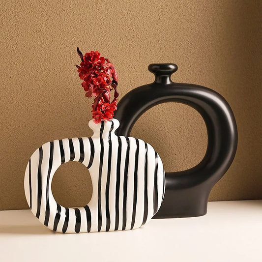 Modern Zebra Stripes Ceramic Vase Artificial Flower Decorative Pot Desk Floral Aesthetic Room Decor, Stylish Black White Stripes