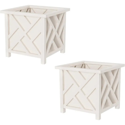 Lattice Design Planter Box 2-Pack – 14.75-Inch Decorative Outdoor Flower or Plant Pots – Front Porch, Patio, and Garden Decor by
