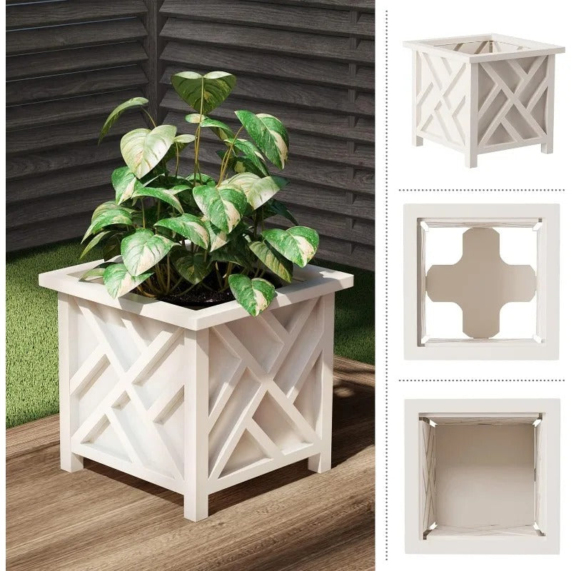 Lattice Design Planter Box 2-Pack – 14.75-Inch Decorative Outdoor Flower or Plant Pots – Front Porch, Patio, and Garden Decor by