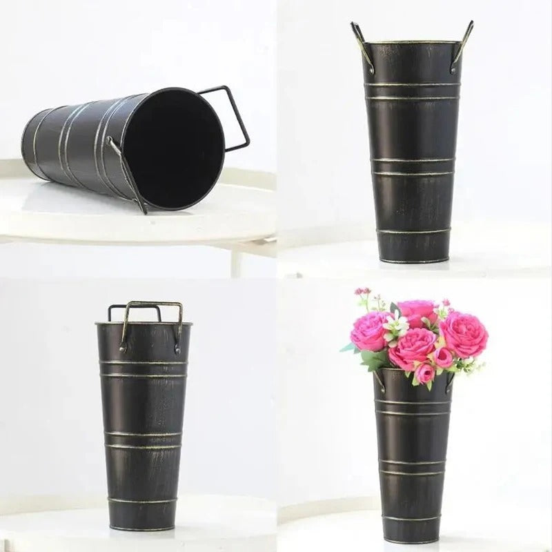 Metal Umbrella Stand with Handles Round Umbrella Bucket Home Office Metal Floor Vase Retro Iron Flower Bucket Vase Decoration