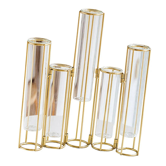 Hinged Flower Vase Test Tube Vase with Metal Stand Rack Terrarium Vase Glass Vase for Wedding Desktop Kitchen Table Centerpiece