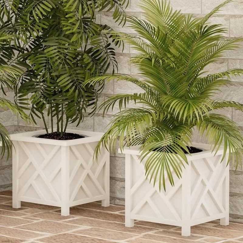 Lattice Design Planter Box 2-Pack – 14.75-Inch Decorative Outdoor Flower or Plant Pots – Front Porch, Patio, and Garden Decor by
